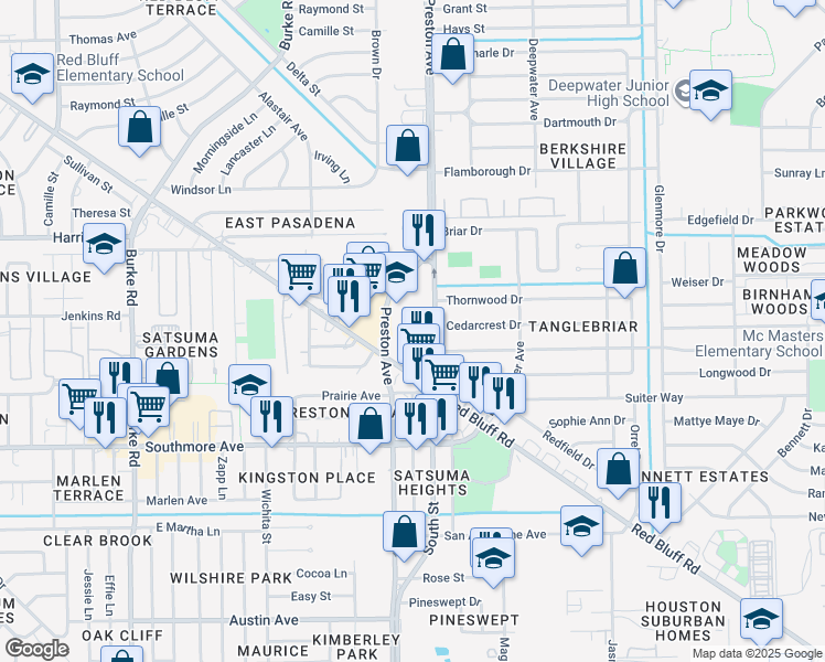 map of restaurants, bars, coffee shops, grocery stores, and more near 2783 Red Bluff Road in Pasadena