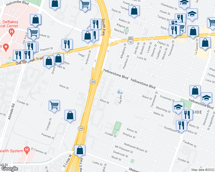 map of restaurants, bars, coffee shops, grocery stores, and more near 5522 State Highway 288 in Houston