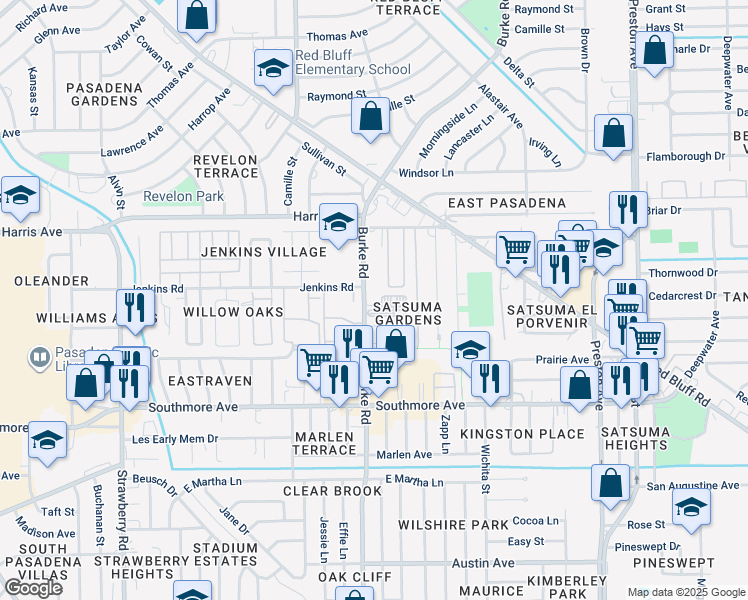 map of restaurants, bars, coffee shops, grocery stores, and more near 1007 Burke Road in Pasadena