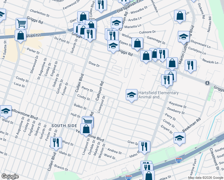 map of restaurants, bars, coffee shops, grocery stores, and more near 4615 Dewberry Street in Houston