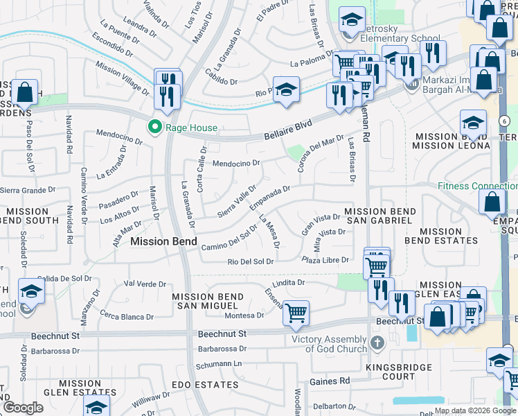 map of restaurants, bars, coffee shops, grocery stores, and more near 15503 Empanada Drive in Houston
