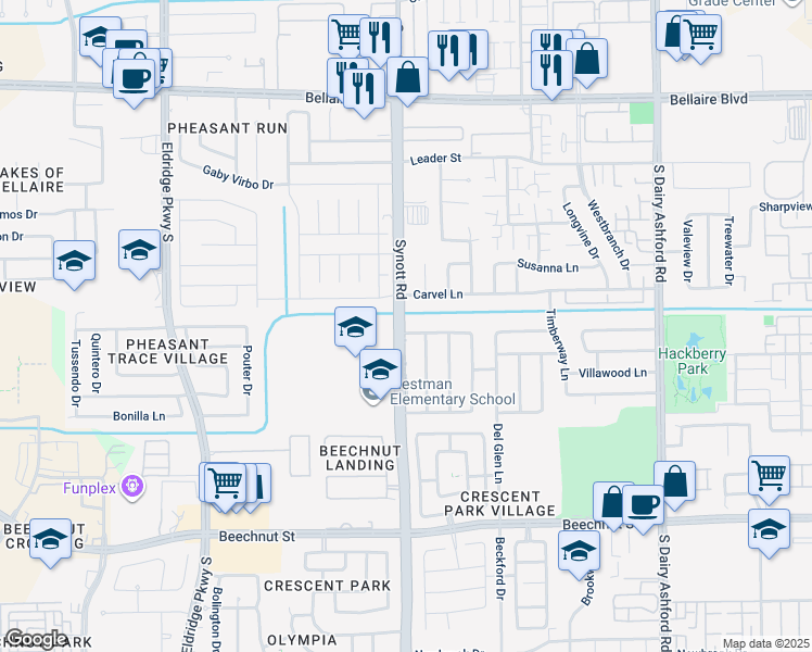 map of restaurants, bars, coffee shops, grocery stores, and more near 13130 Apple Glen Lane in Houston
