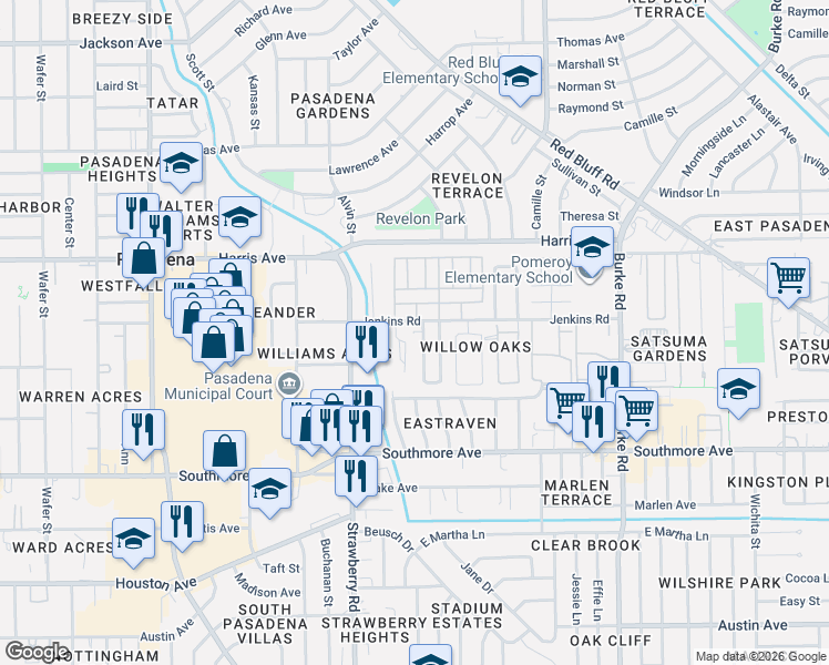 map of restaurants, bars, coffee shops, grocery stores, and more near 1502 Jenkins Road in Pasadena