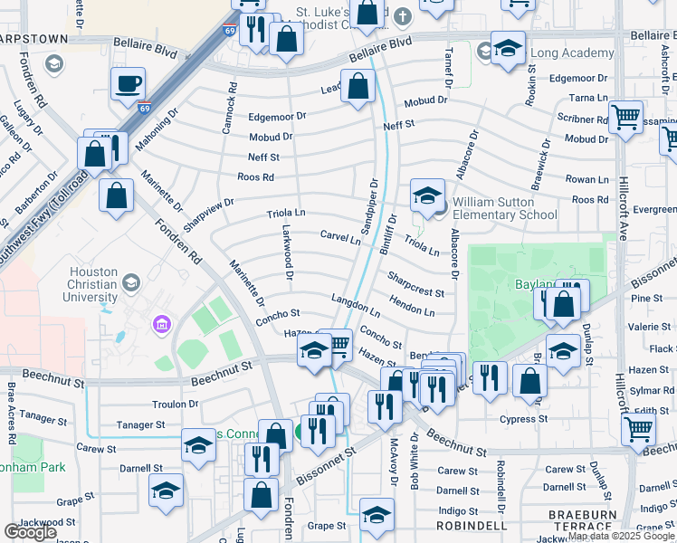 map of restaurants, bars, coffee shops, grocery stores, and more near 7010 Hendon Lane in Houston
