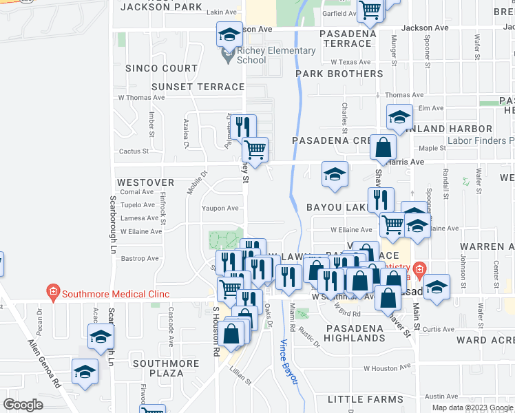 map of restaurants, bars, coffee shops, grocery stores, and more near 1015 Richey Street in Pasadena