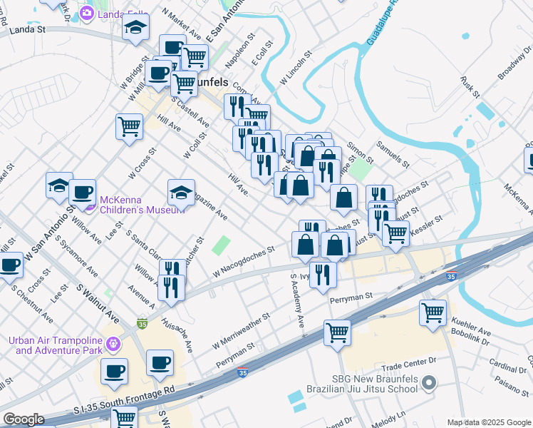 map of restaurants, bars, coffee shops, grocery stores, and more near 640 Hill Avenue in New Braunfels