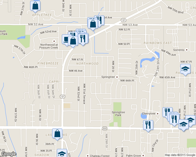 map of restaurants, bars, coffee shops, grocery stores, and more near 2943 Northwest 45th Avenue in Gainesville