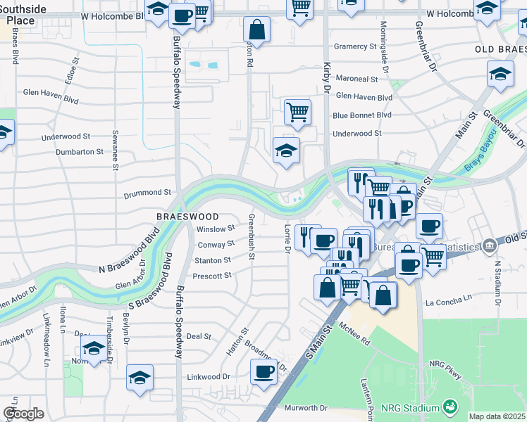 map of restaurants, bars, coffee shops, grocery stores, and more near South Braeswood Boulevard in Houston