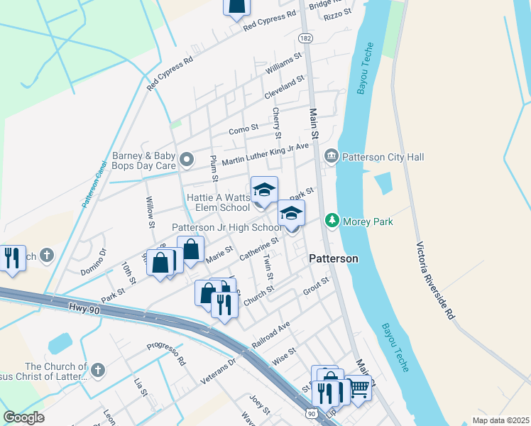 map of restaurants, bars, coffee shops, grocery stores, and more near 1307 3rd Street in Patterson