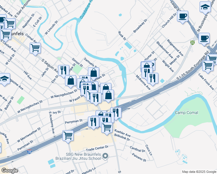 map of restaurants, bars, coffee shops, grocery stores, and more near 347 Kessler Street in New Braunfels
