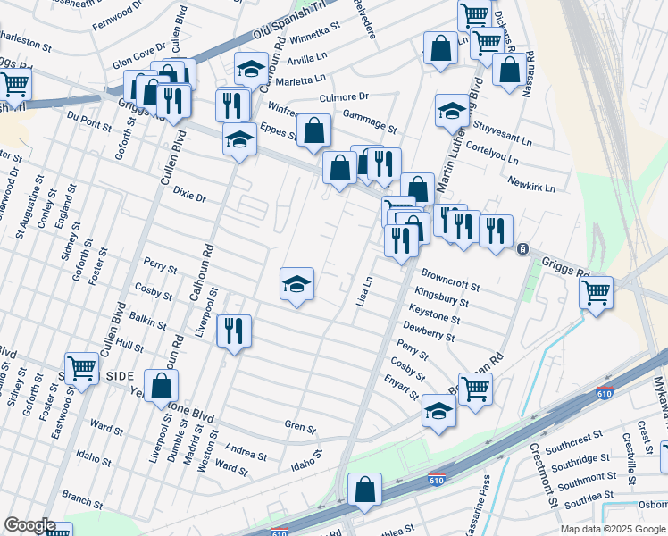 map of restaurants, bars, coffee shops, grocery stores, and more near 6015 Schroeder Road in Houston