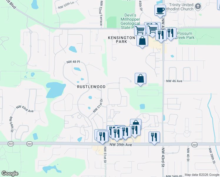 map of restaurants, bars, coffee shops, grocery stores, and more near 5062 Northwest 44th Lane in Gainesville