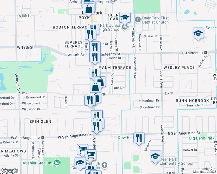 map of restaurants, bars, coffee shops, grocery stores, and more near 1802 Park Avenue in Deer Park