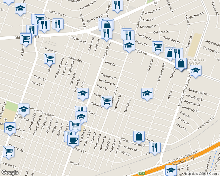 map of restaurants, bars, coffee shops, grocery stores, and more near 4524 Perry Street in Houston