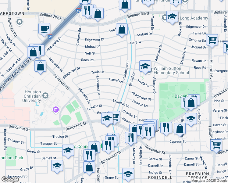 map of restaurants, bars, coffee shops, grocery stores, and more near 7010 Hendon Lane in Houston