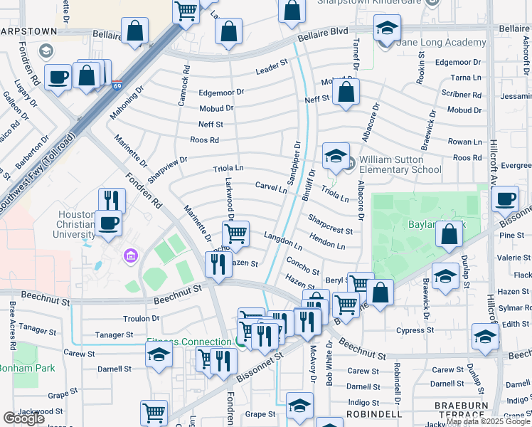 map of restaurants, bars, coffee shops, grocery stores, and more near 7010 Hendon Lane in Houston