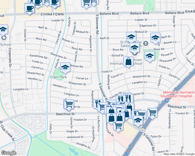 map of restaurants, bars, coffee shops, grocery stores, and more near 7514 South Gessner Road in Houston