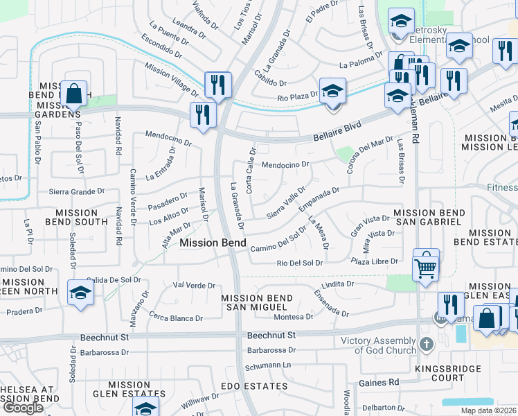 map of restaurants, bars, coffee shops, grocery stores, and more near 7310 Corta Calle Drive in Houston