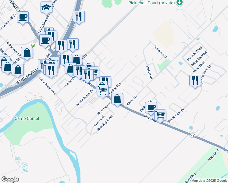 map of restaurants, bars, coffee shops, grocery stores, and more near 140 Caddell Lane in New Braunfels