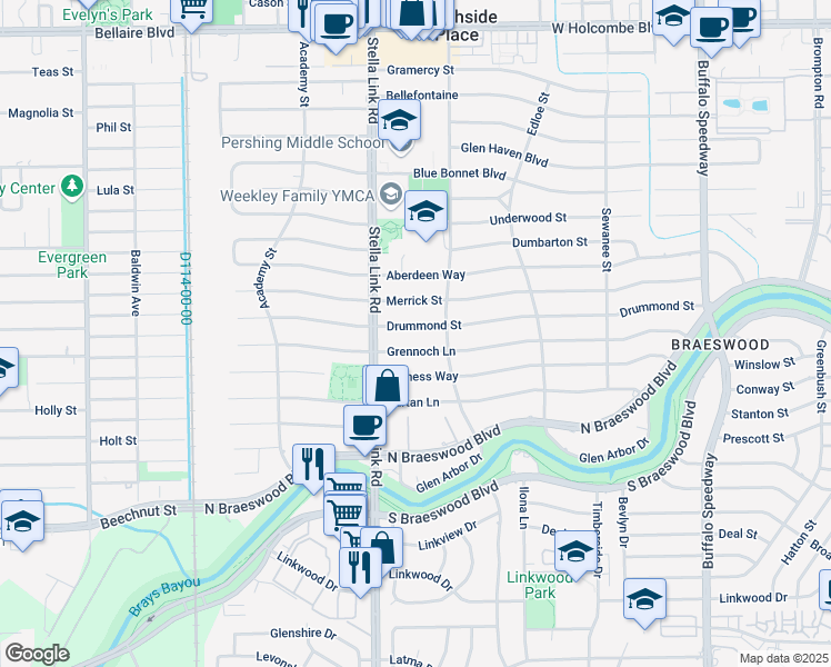 map of restaurants, bars, coffee shops, grocery stores, and more near 3821 Drummond Street in Houston