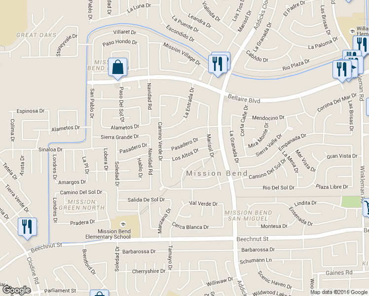 map of restaurants, bars, coffee shops, grocery stores, and more near 16011 Pasadero Drive in Houston