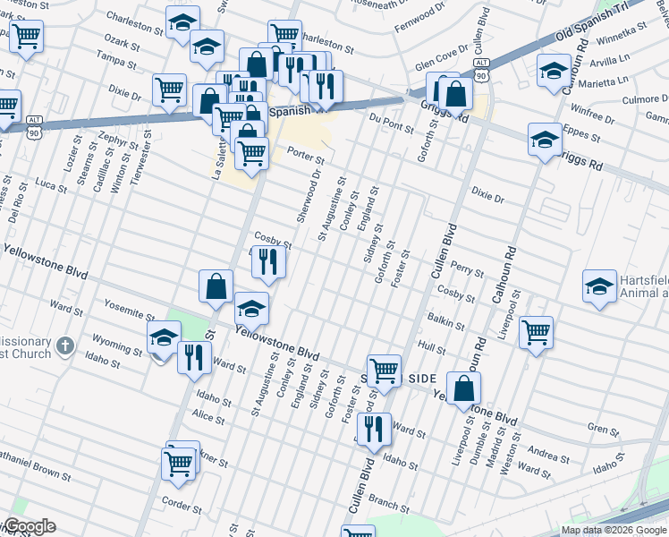 map of restaurants, bars, coffee shops, grocery stores, and more near 6420 Conley Street in Houston