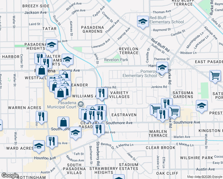 map of restaurants, bars, coffee shops, grocery stores, and more near 1502 Jenkins Road in Pasadena