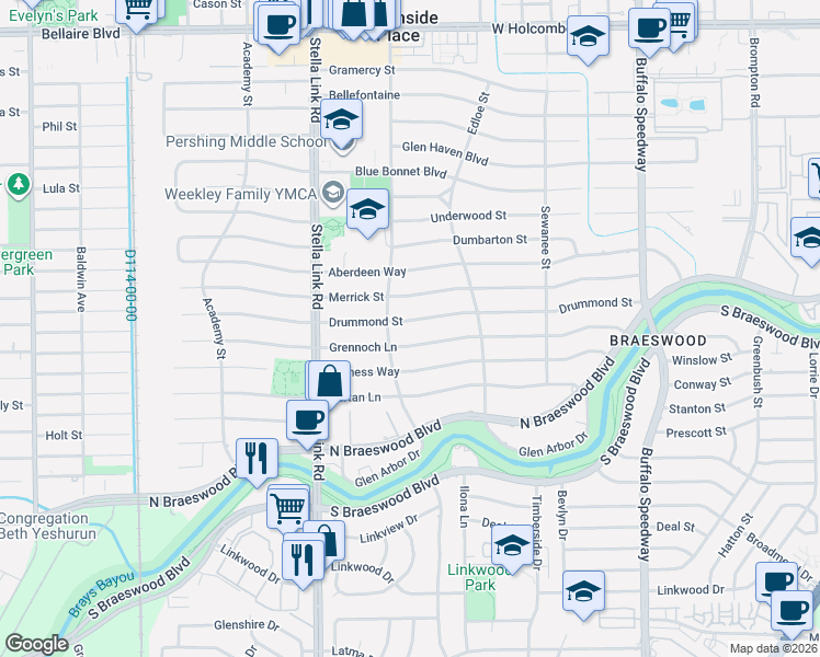map of restaurants, bars, coffee shops, grocery stores, and more near 3746 Grennoch Lane in Houston