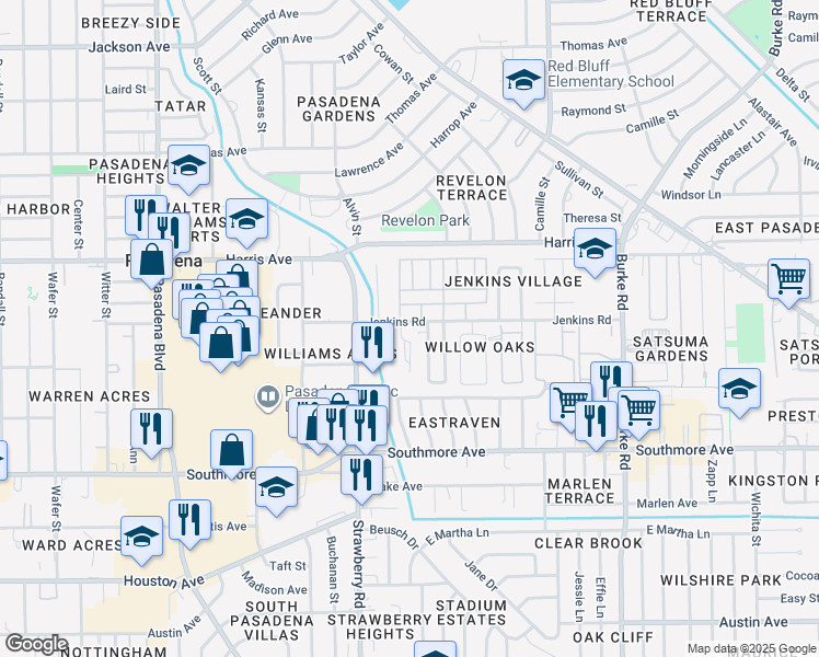 map of restaurants, bars, coffee shops, grocery stores, and more near 1502 Jenkins Road in Pasadena
