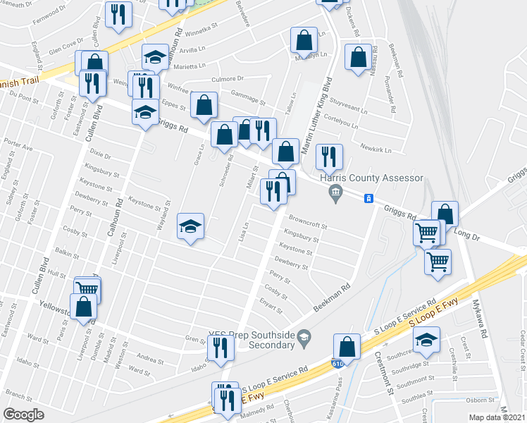 map of restaurants, bars, coffee shops, grocery stores, and more near 5123 Kingsbury Street in Houston