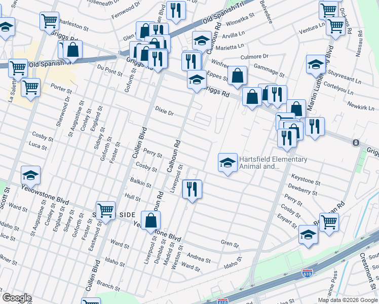 map of restaurants, bars, coffee shops, grocery stores, and more near 4615 Dewberry Street in Houston