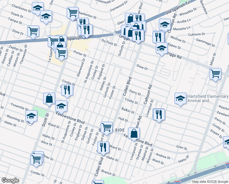 map of restaurants, bars, coffee shops, grocery stores, and more near 6318 Eastwood Street in Houston