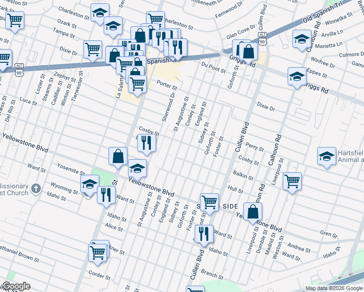 map of restaurants, bars, coffee shops, grocery stores, and more near 6420 Conley Street in Houston