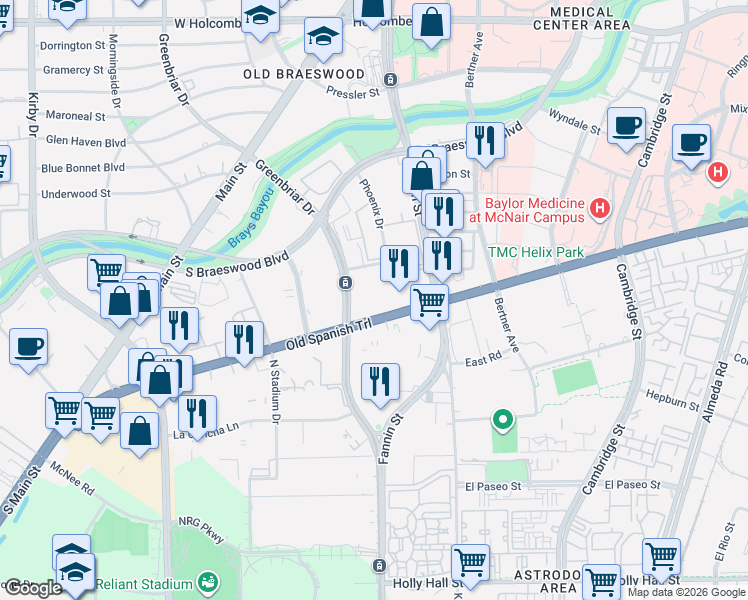 map of restaurants, bars, coffee shops, grocery stores, and more near 1715 Old Spanish Trail in Houston