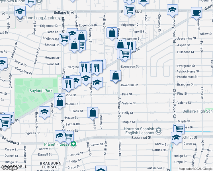 map of restaurants, bars, coffee shops, grocery stores, and more near 5523 Roslyn Court in Houston
