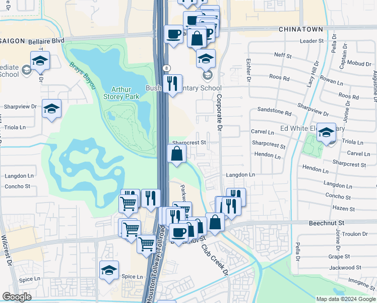 map of restaurants, bars, coffee shops, grocery stores, and more near 9901 Sharpcrest Street in Houston