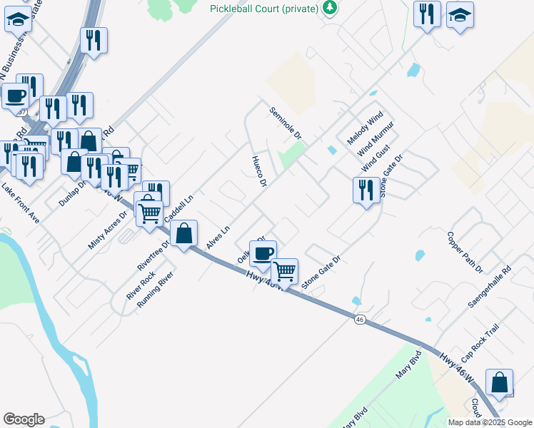 map of restaurants, bars, coffee shops, grocery stores, and more near 957 Floating Star in New Braunfels