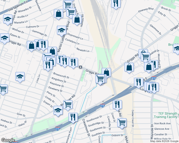 map of restaurants, bars, coffee shops, grocery stores, and more near 5514 Griggs Road in Houston