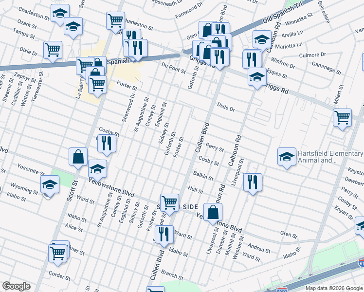 map of restaurants, bars, coffee shops, grocery stores, and more near 6318 Eastwood Street in Houston