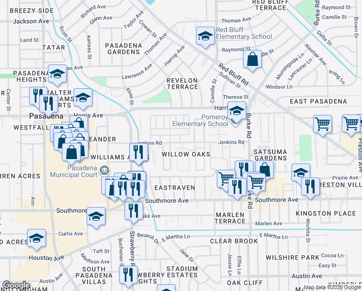 map of restaurants, bars, coffee shops, grocery stores, and more near 1714 Jenkins Road in Pasadena