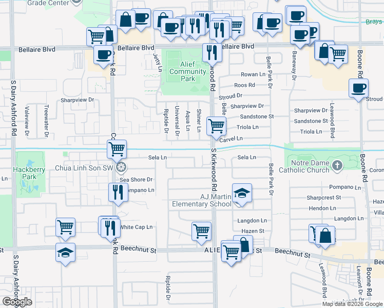 map of restaurants, bars, coffee shops, grocery stores, and more near 12010 Sela Lane in Houston