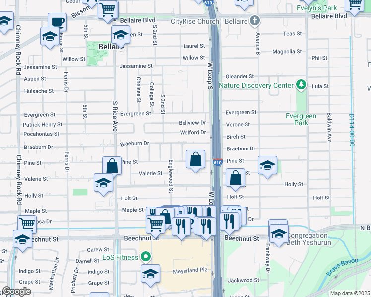 map of restaurants, bars, coffee shops, grocery stores, and more near 905 Jolen Court in Bellaire