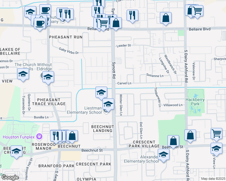 map of restaurants, bars, coffee shops, grocery stores, and more near 7610 Synott Road in Houston