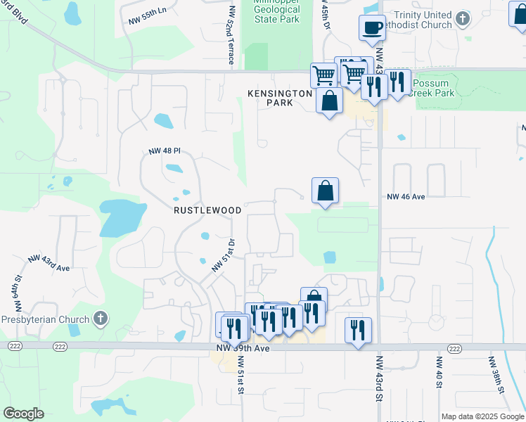map of restaurants, bars, coffee shops, grocery stores, and more near 5057 Northwest 44th Lane in Gainesville
