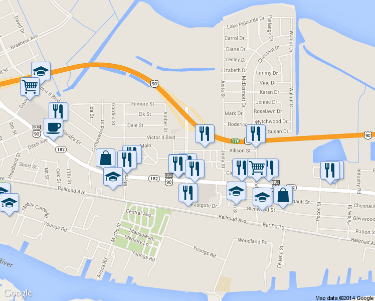 map of restaurants, bars, coffee shops, grocery stores, and more near Dr. Martin Luther King Junior Boulevard in Morgan City