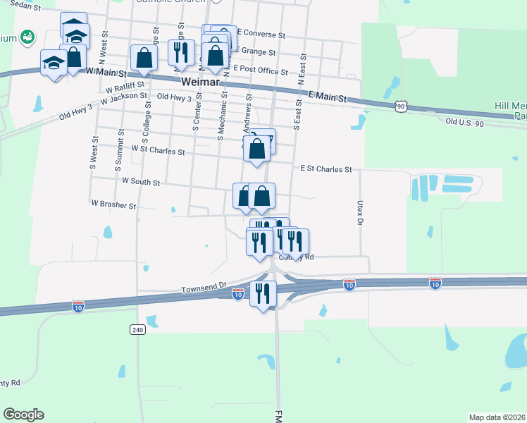 map of restaurants, bars, coffee shops, grocery stores, and more near 700 South Eagle Street in Weimar