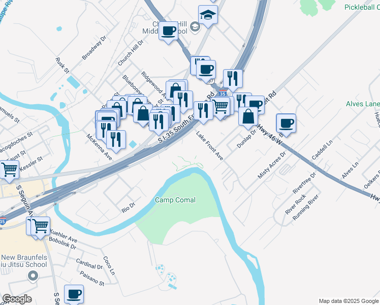 map of restaurants, bars, coffee shops, grocery stores, and more near 770 Interstate 35 in New Braunfels