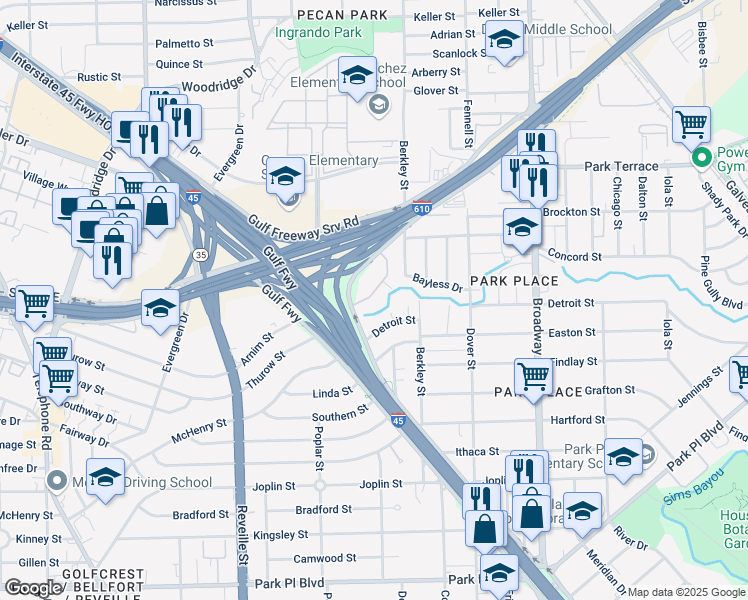 map of restaurants, bars, coffee shops, grocery stores, and more near 7313 Gulf Freeway in Houston
