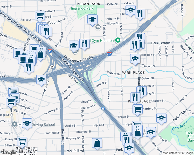 map of restaurants, bars, coffee shops, grocery stores, and more near 7817 Detroit Street in Houston