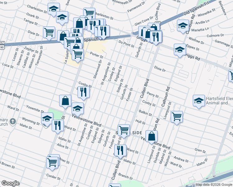 map of restaurants, bars, coffee shops, grocery stores, and more near 4206 Cosby Street in Houston